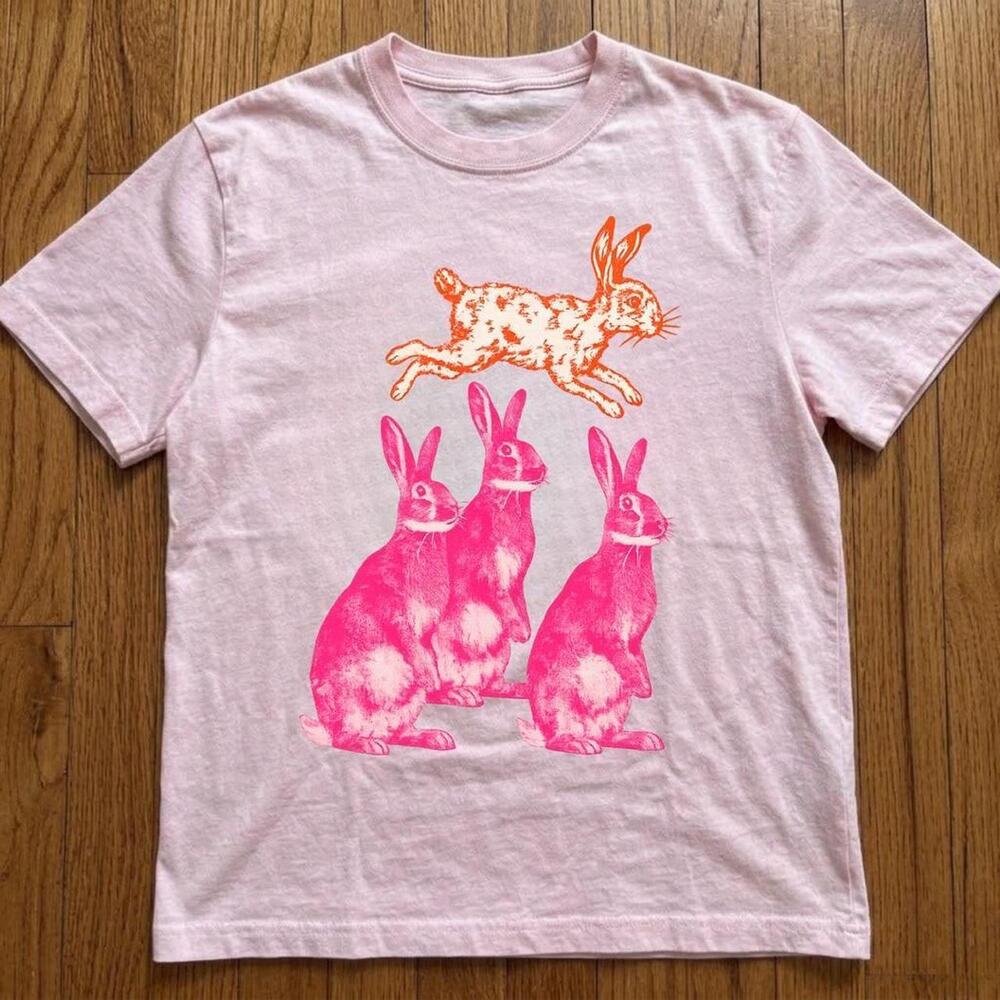 Bunnies Rabbits Screenprint Graphic Coquette Pink T-Shirt